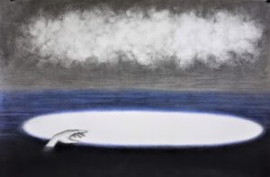 "GLAVA U OBLACIMA 2" 100x150cm, ugljen i pastel na papiru